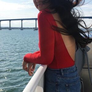 Red Ribbed Low Back Backless Longsleeve Bodysuit